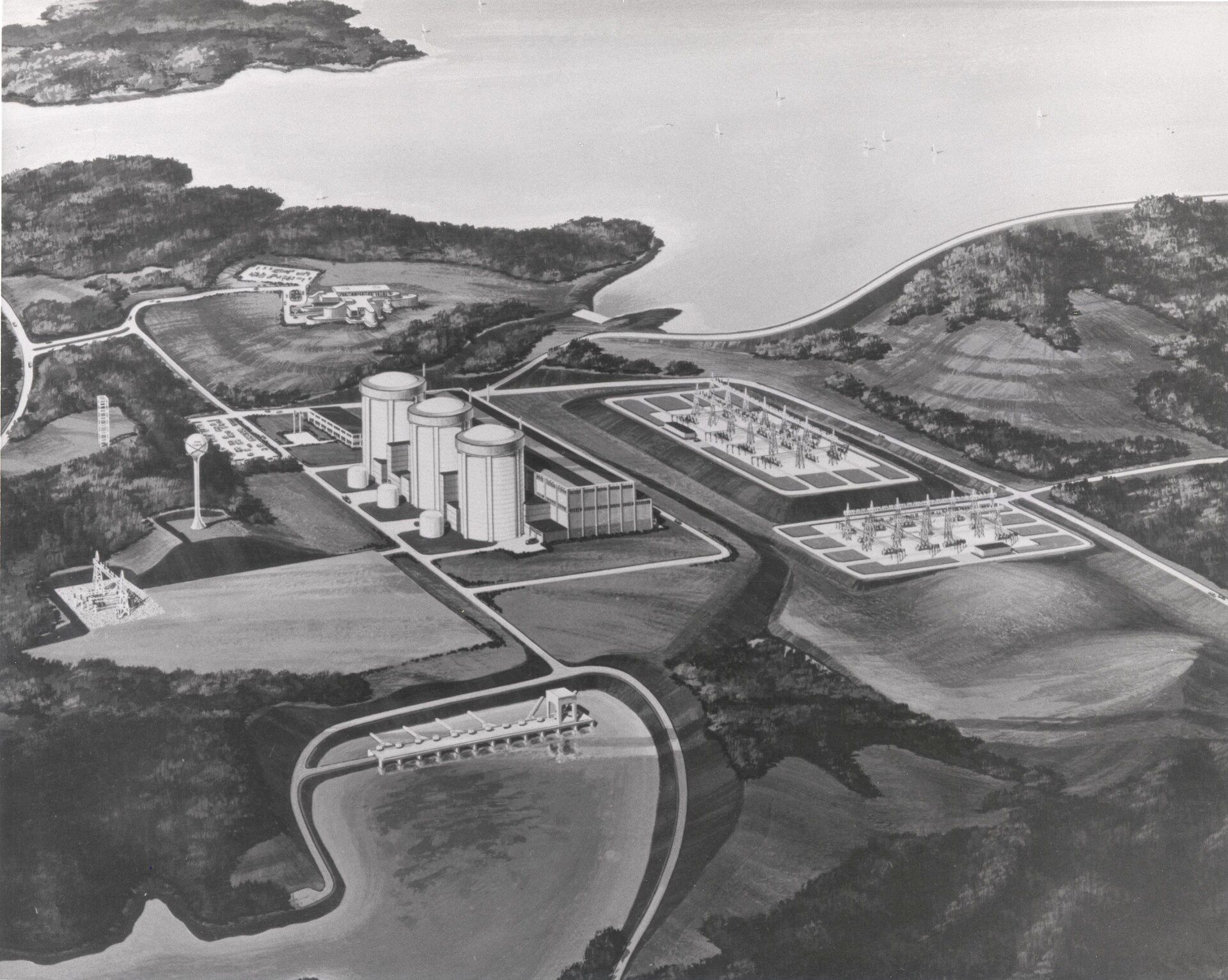 A 1968 artist's concept of Duke Power's Oconee Nuclear Station on Lake Keowee, in black and white.