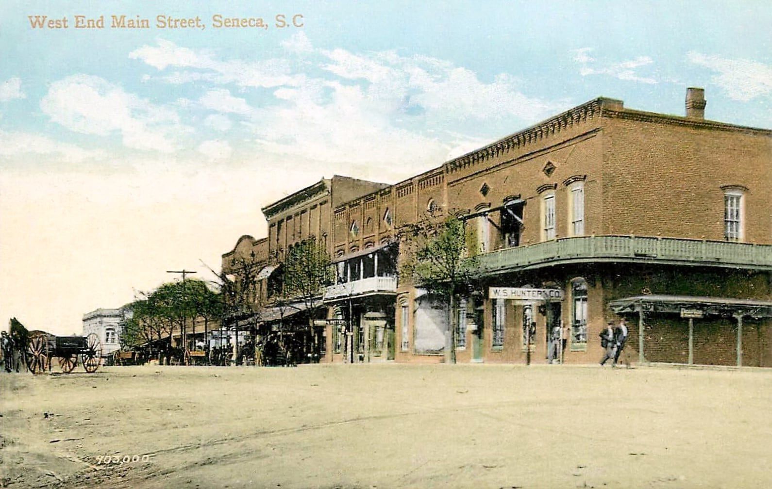 A hand-tinted postcard of West End Main Street, Seneca, around 1908