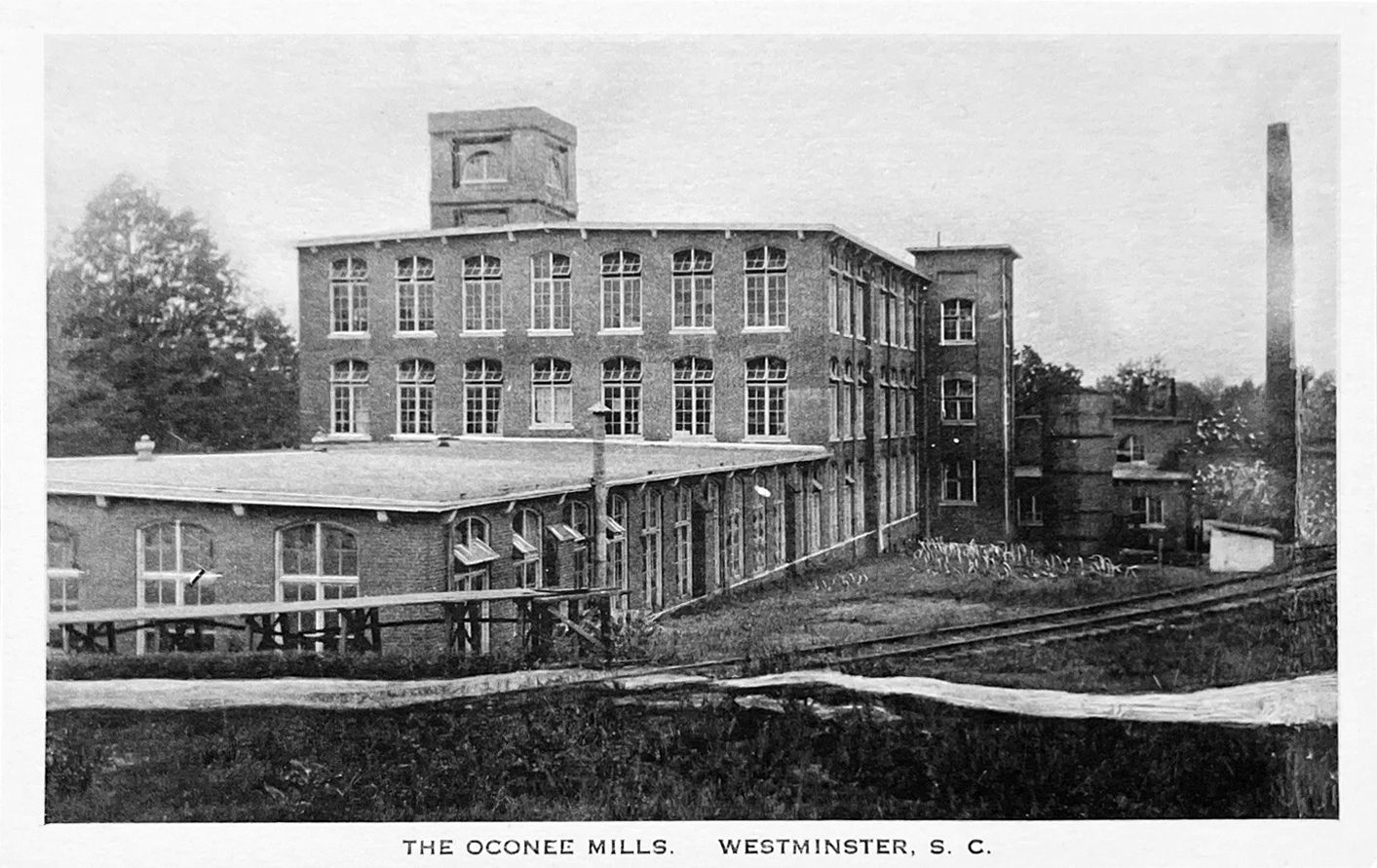 A postcard of the Oconee Mills cotton mill in Westminster, around 1928